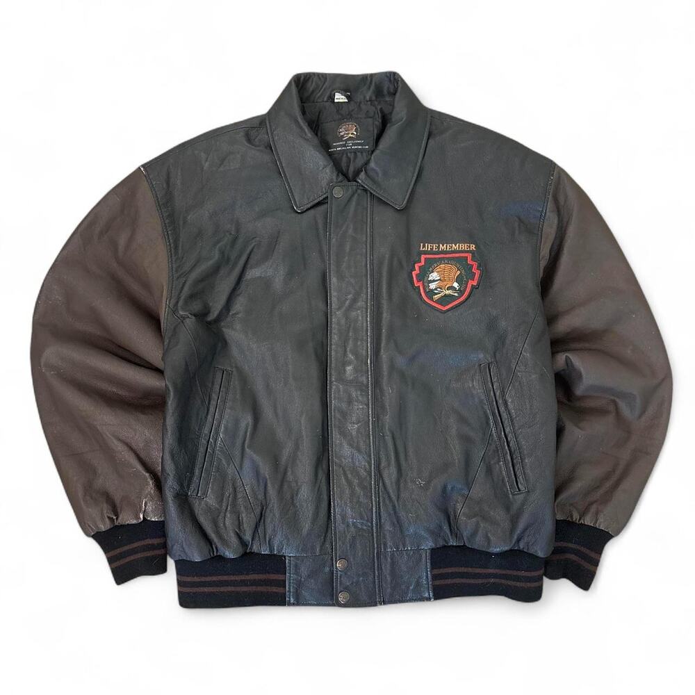 Vintage 90s North American Hunting Club Leather Bomber Jacket XL Black Brown